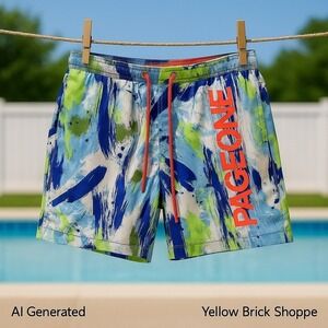 PAGE ONE Mens‎ Swim Trunks Beach Shorts Green & Blue Paint Splatter Design L